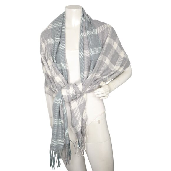 Love & Lore Plaid Oversized Wrap Scarf Shawl Grey White Green Tasseled Office - Picture 5 of 8